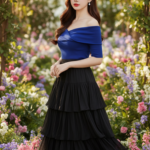 Thiết kế chân dung cô gái trẻ nổi bật trong bộ trang phục thanh lịch giữa khu vườn rực rỡ.