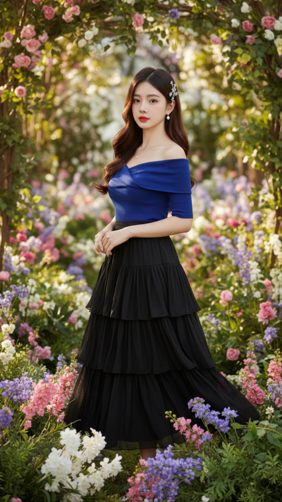 Thiết kế chân dung cô gái trẻ nổi bật trong bộ trang phục thanh lịch giữa khu vườn rực rỡ.