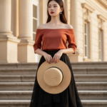 Chân dung thanh lịch của cô gái trẻ bên bậc thang biệt thự sang trọng