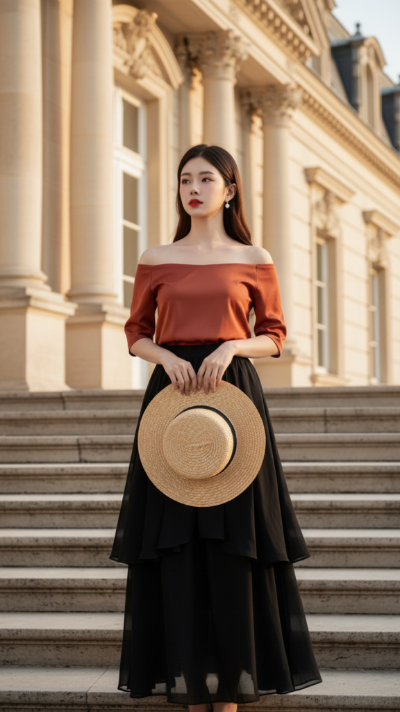 Chân dung thanh lịch của cô gái trẻ bên bậc thang biệt thự sang trọng