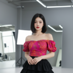 Chân dung thời trang nữ với áo khoác vai dễ thương và chân váy đen layer tại studio hiện đại