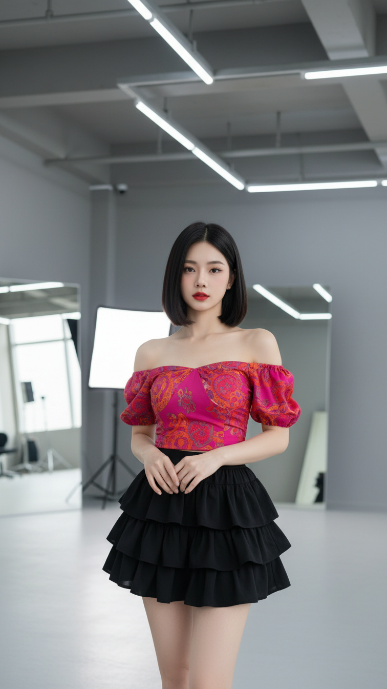 Chân dung thời trang nữ với áo khoác vai dễ thương và chân váy đen layer tại studio hiện đại