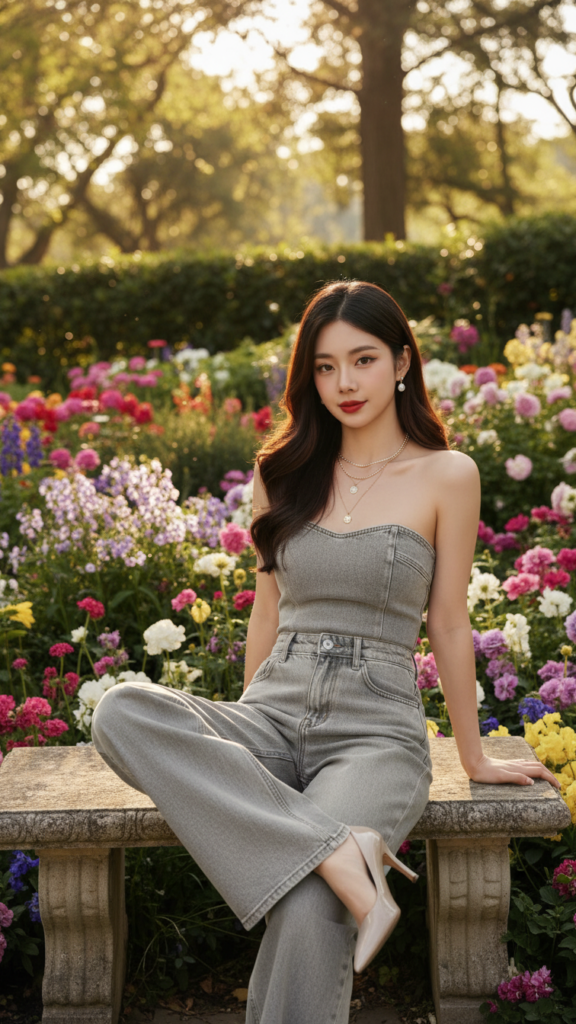 Chân dung cô gái trẻ trong trang phục denim thời thượng giữa vườn hoa lãng mạn