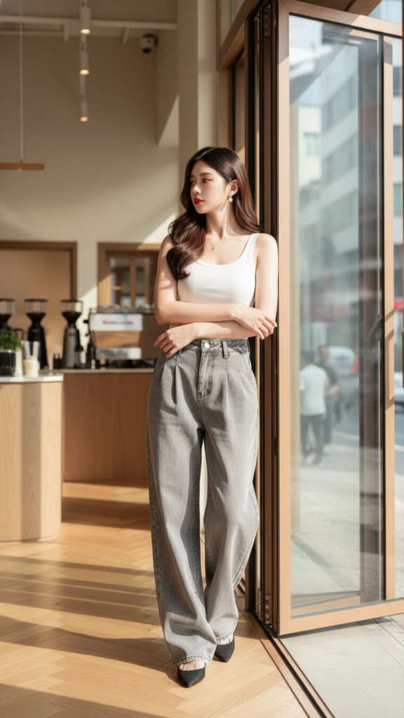 Chân dung cô gái trẻ với phong cách denim thanh lịch tại quán cà phê hiện đại