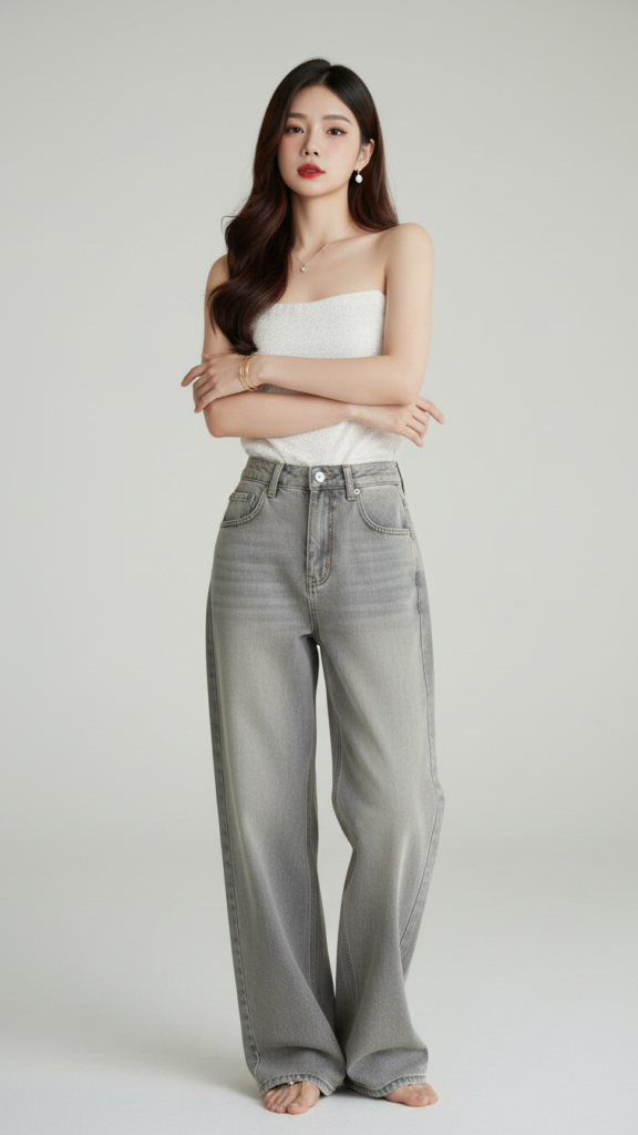 Chân dung người mẫu trẻ với phong cách thời trang denim thanh lịch và tự tin trong studio chuyên nghiệp