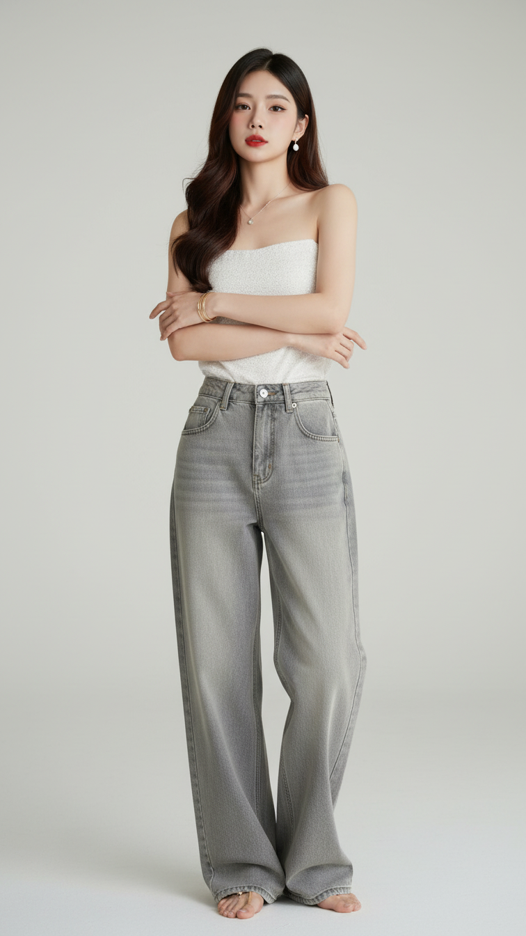 Chân dung người mẫu trẻ với phong cách thời trang denim thanh lịch và tự tin trong studio chuyên nghiệp