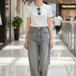 Chân dung thời trang của cô gái trẻ trong trang phục denim hiện đại tại trung tâm mua sắm