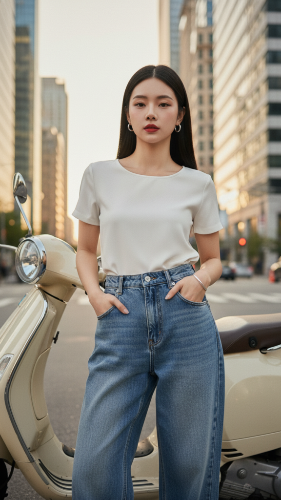 Chân dung nữ thanh xuân bên phố đô thị với phong cách jeans retro đầy cuốn hút