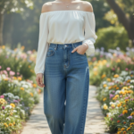 Chân dung thời thượng với quần jeans dáng rộng giữa khu vườn sang trọng