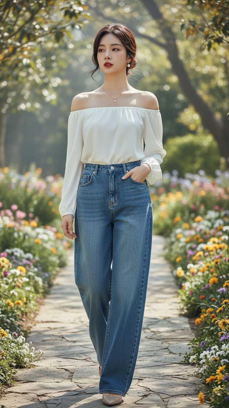 Chân dung thời thượng với quần jeans dáng rộng giữa khu vườn sang trọng