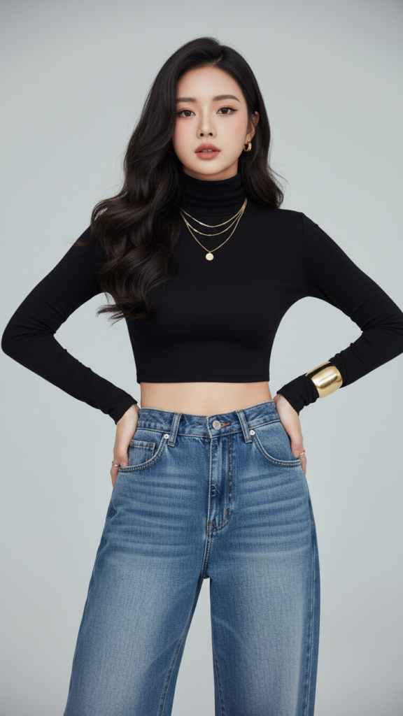 Nét đẹp thanh lịch của cô gái trẻ với phong cách denim retro và vẻ ngoài tự tin.