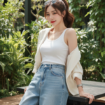 Chân dung thanh lịch của cô gái trẻ với phong cách denim thời thượng tại quán cà phê mở.