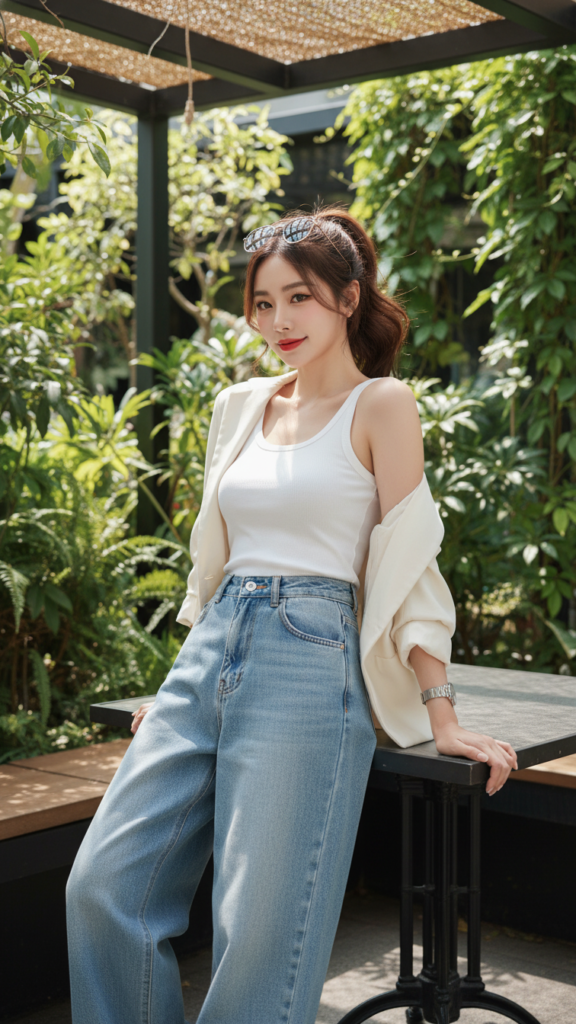 Chân dung thanh lịch của cô gái trẻ với phong cách denim thời thượng tại quán cà phê mở.