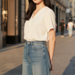 Chân dung cô gái trẻ trong bộ jeans rộng chất lượng cao giữa phố sang trọng