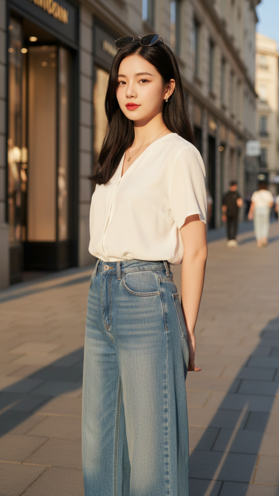 Chân dung cô gái trẻ trong bộ jeans rộng chất lượng cao giữa phố sang trọng