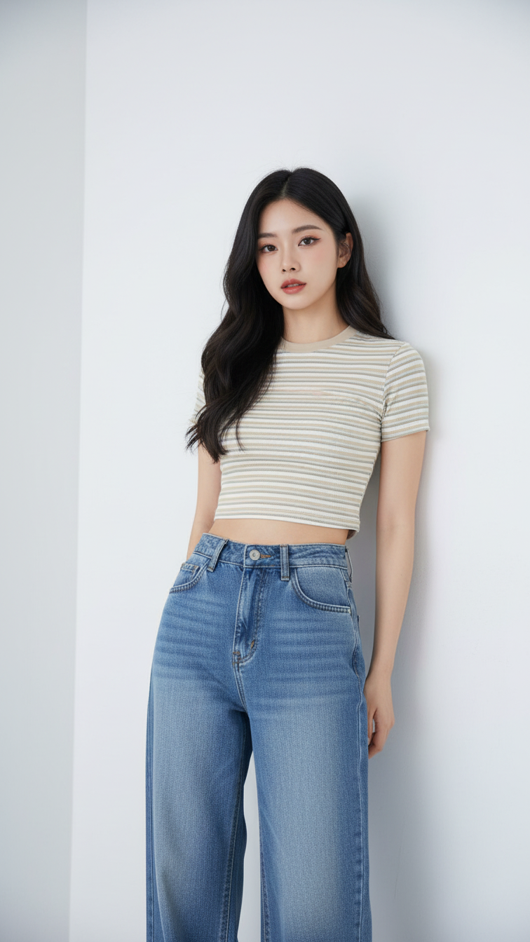 Chân dung cô gái trẻ trong trang phục jeans dáng rộng thanh lịch và tự tin