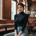 Chân dung người mẫu trẻ trong quán cà phê sang trọng với trang phục jeans thời thượng