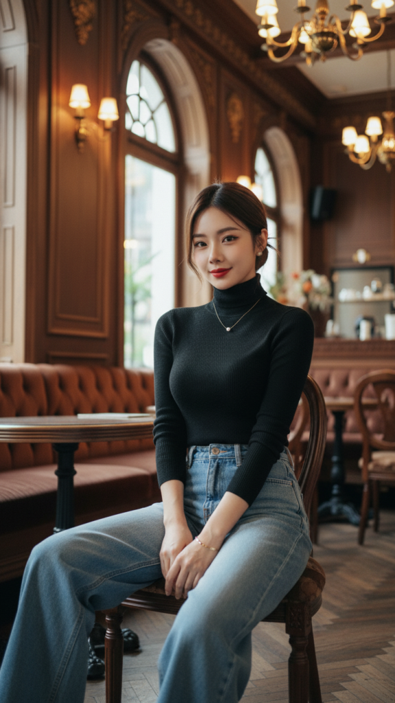 Chân dung người mẫu trẻ trong quán cà phê sang trọng với trang phục jeans thời thượng