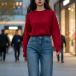 Chân dung trẻ trung thời thượng với jeans và áo cashmere tại khu mua sắm sôi động