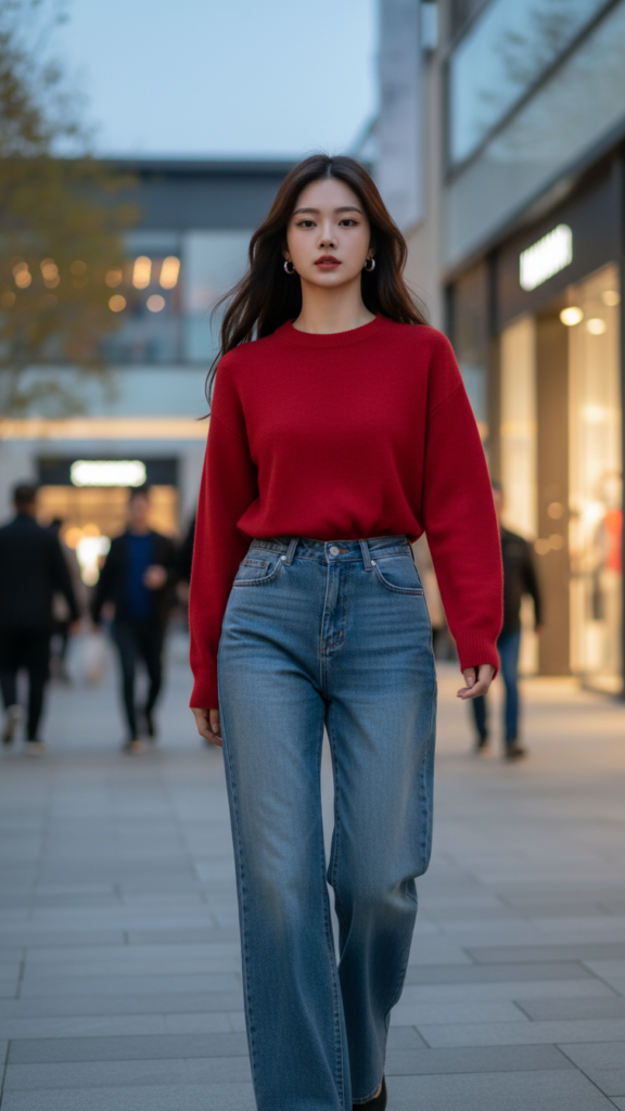 Chân dung trẻ trung thời thượng với jeans và áo cashmere tại khu mua sắm sôi động