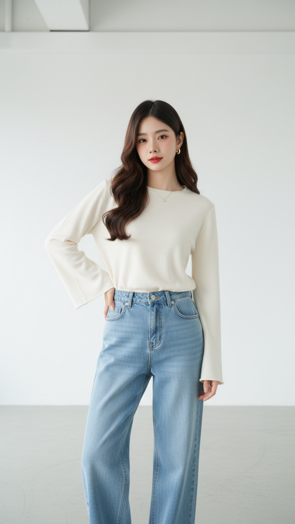 Chân dung quyến rũ của cô gái trong jeans denim rộng thoải mái tại studio tối giản