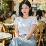 Tạo chân dung cô gái trẻ bên quán cà phê với jeans denim rộng và phong cách tự nhiên