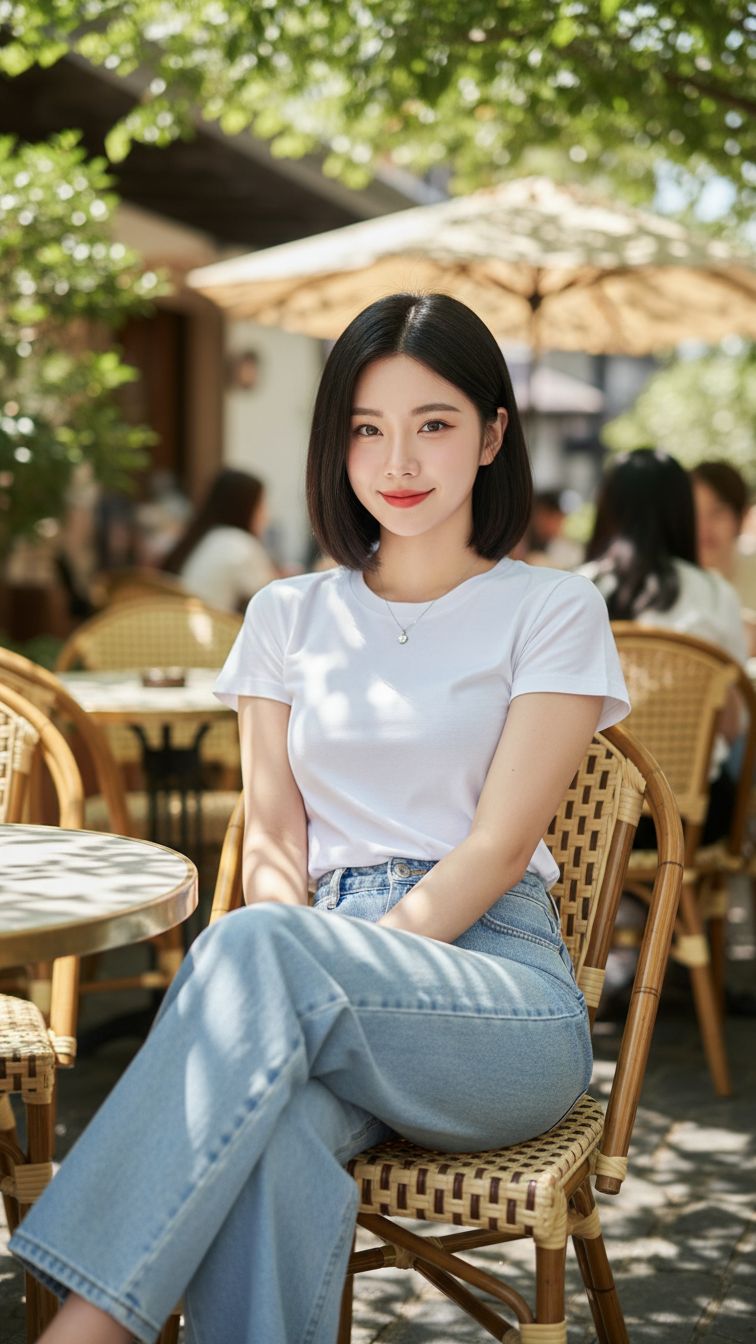 Tạo chân dung cô gái trẻ bên quán cà phê với jeans denim rộng và phong cách tự nhiên