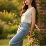 Chân dung cô gái trẻ bên bức tường cổ với quần jeans xanh nhẹ và ánh sáng vàng dịu