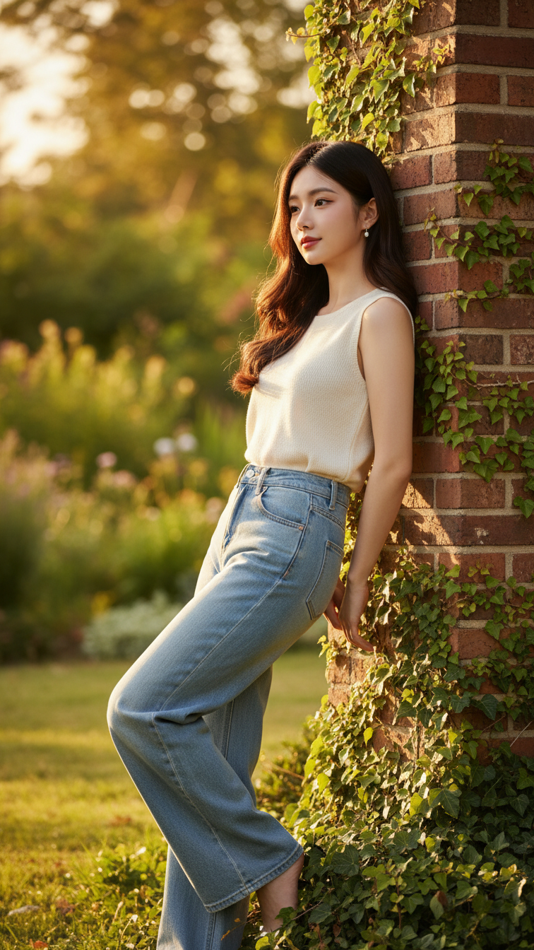 Chân dung cô gái trẻ bên bức tường cổ với quần jeans xanh nhẹ và ánh sáng vàng dịu