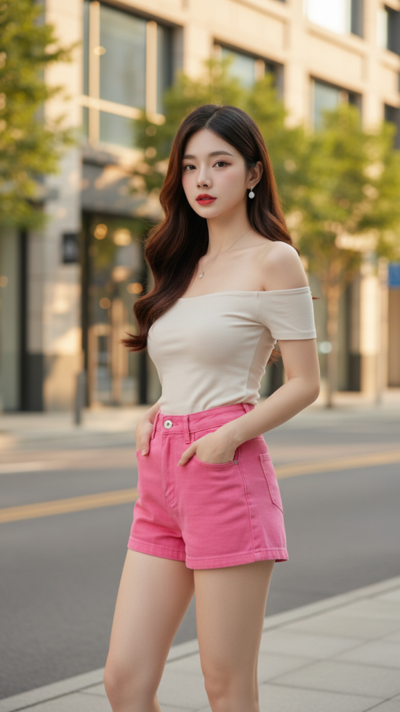 Chân dung thanh lịch của cô gái trẻ trong bộ short jeans hồng nổi bật giữa phố đô thị
