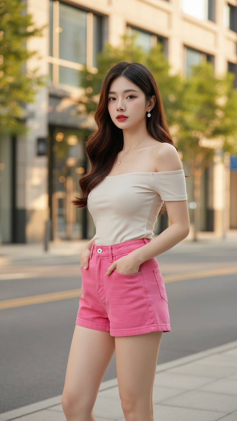 Chân dung thanh lịch của cô gái trẻ trong bộ short jeans hồng nổi bật giữa phố đô thị