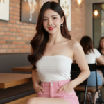 Chân dung cô gái trẻ diện shorts denim hồng tại quán cafe phong cách công nghiệp