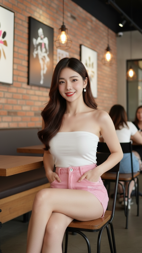 Chân dung cô gái trẻ diện shorts denim hồng tại quán cafe phong cách công nghiệp