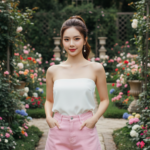Chân dung quyến rũ với quần short hồng giữa khu vườn sang trọng