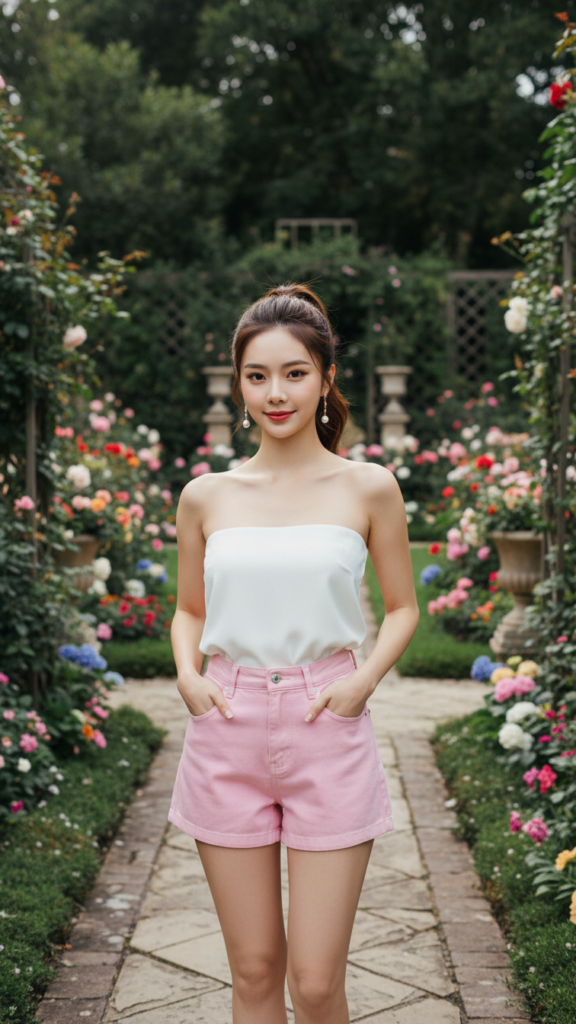 Chân dung quyến rũ với quần short hồng giữa khu vườn sang trọng