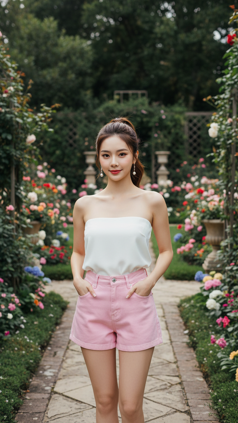 Chân dung quyến rũ với quần short hồng giữa khu vườn sang trọng