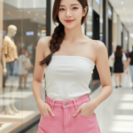 Bức ảnh thời trang với mẫu gái trẻ và quần jeans hồng đầy phong cách tại trung tâm mua sắm