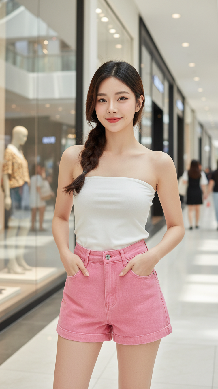 Bức ảnh thời trang với mẫu gái trẻ và quần jeans hồng đầy phong cách tại trung tâm mua sắm