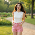 Chân dung thực tế của cô gái trẻ trong khung cảnh công viên tươi sáng và duyên dáng