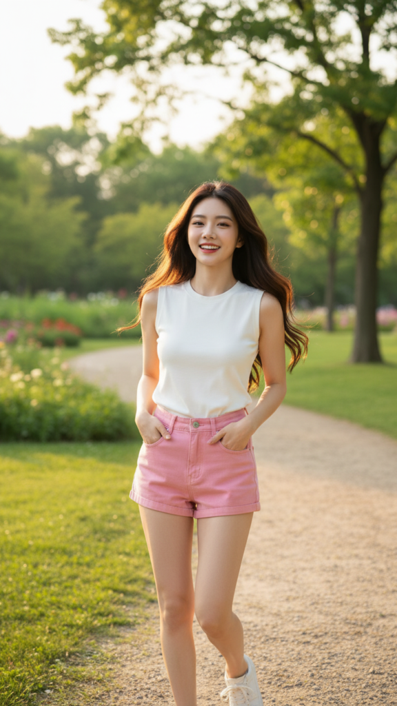 Chân dung thực tế của cô gái trẻ trong khung cảnh công viên tươi sáng và duyên dáng
