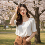 Chân dung nữ thanh niên nổi bật với quần short jeans cao cấp trong công viên mùa xuân