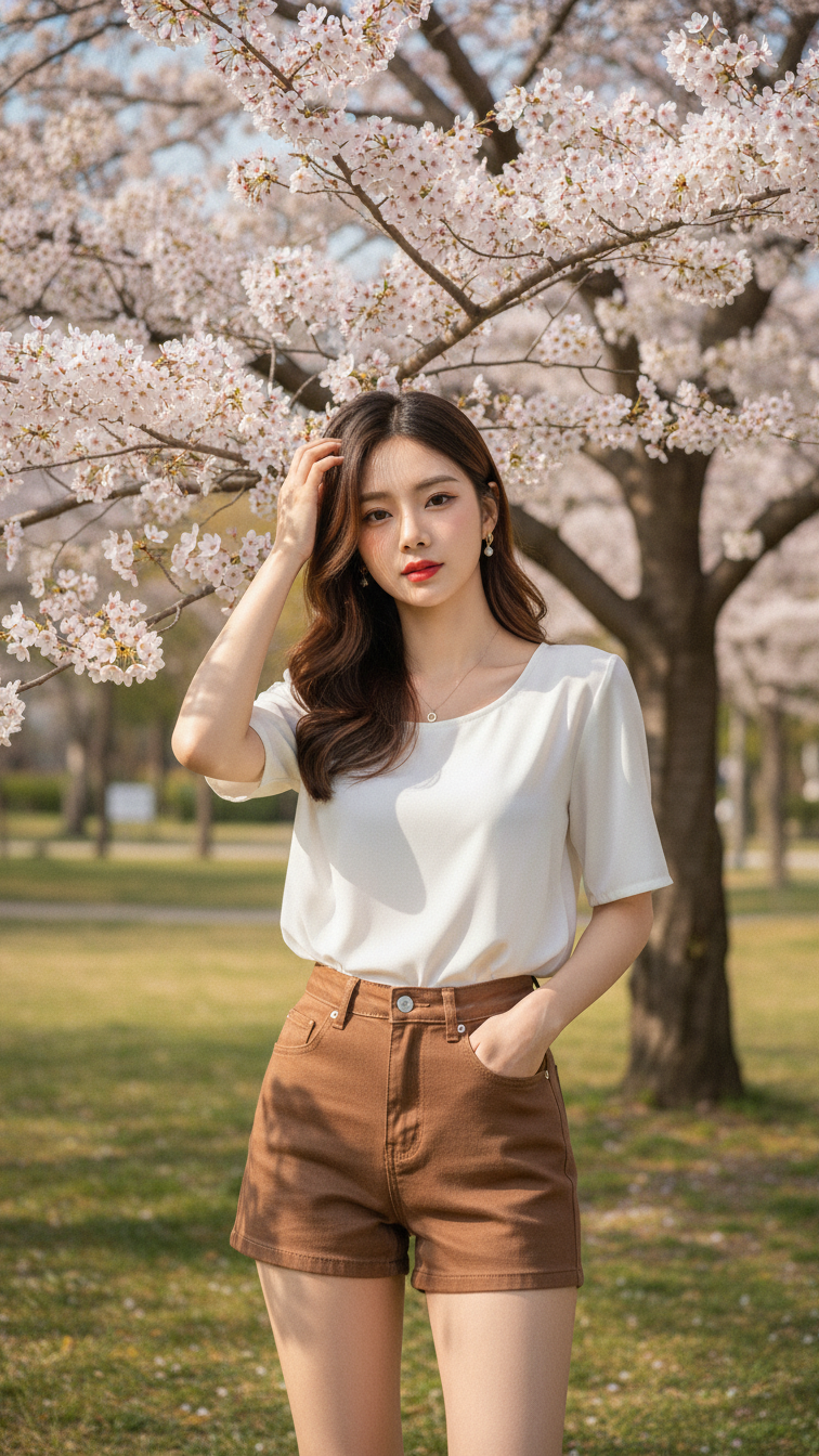 Chân dung nữ thanh niên nổi bật với quần short jeans cao cấp trong công viên mùa xuân