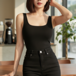 Chân dung thời trang của cô gái trẻ với quần short denim đen cao cấp tại quán cafe hiện đại