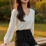 Khám phá phong cách với cô gái trẻ trong bộ denim đen và khung cảnh vườn yên bình