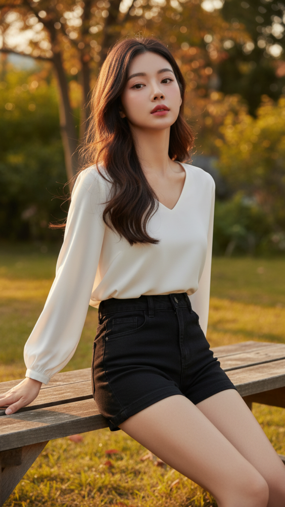 Khám phá phong cách với cô gái trẻ trong bộ denim đen và khung cảnh vườn yên bình