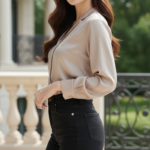 Chân dung thanh lịch của cô gái trẻ với quần short denim đen tại biệt thự sang trọng