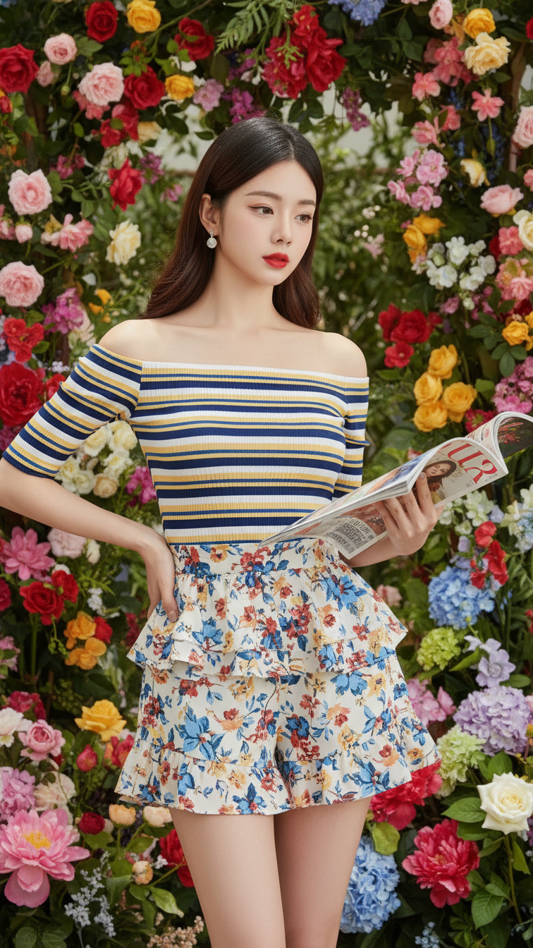 Chân dung thời trang thanh lịch giữa vườn hoa rực rỡ 4K HDR đẹp mắt