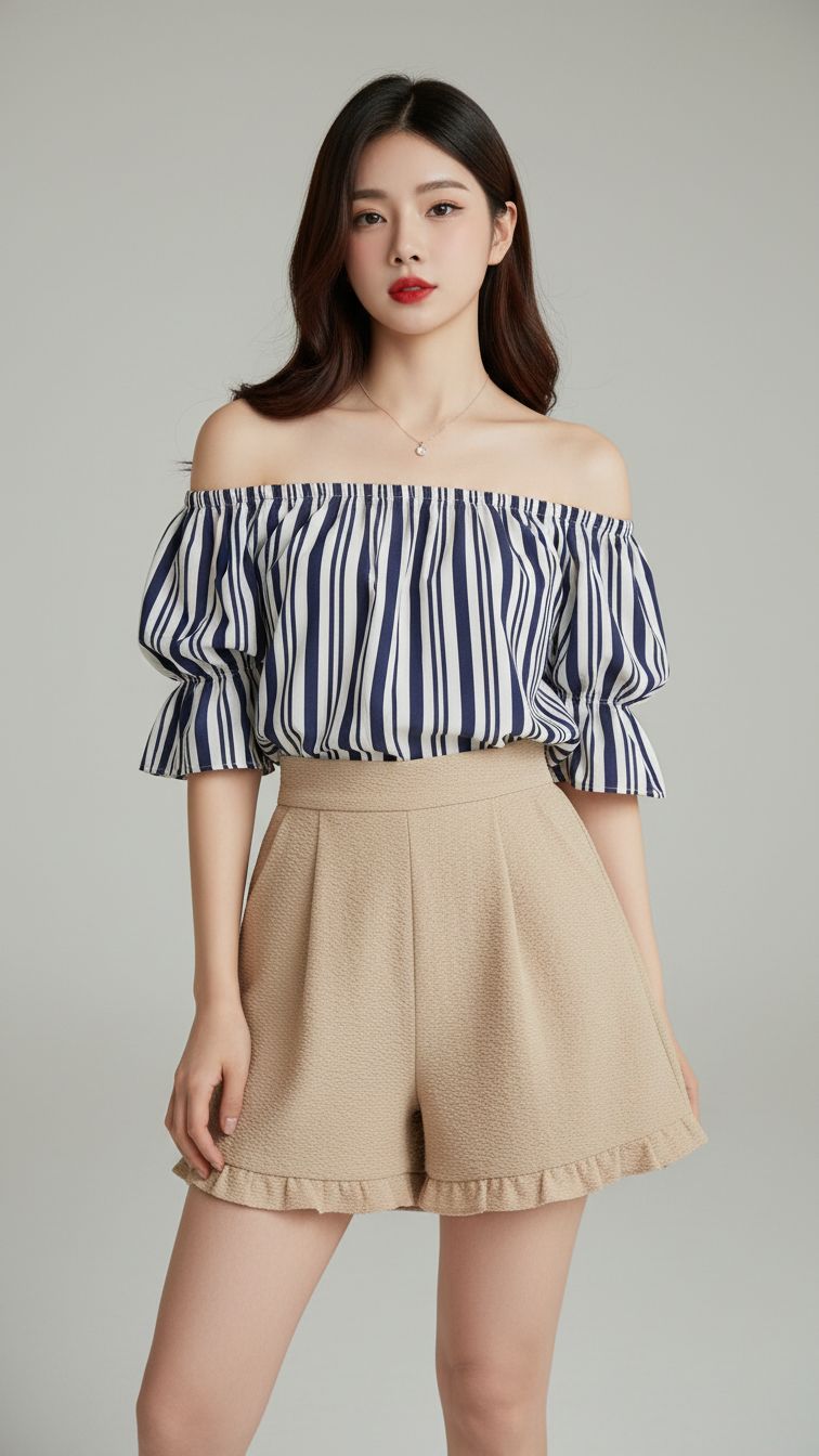 Chân dung cô gái tự tin với trang phục nữ tính trong studio chuyên nghiệp