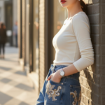 Chân dung cô gái trẻ phong cách với jeans cao cấp và vẻ đẹp cuốn hút trong ánh nắng vàng