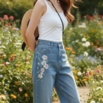 Tạo dáng thời trang với jeans ôm hông giữa thiên nhiên xanh mát